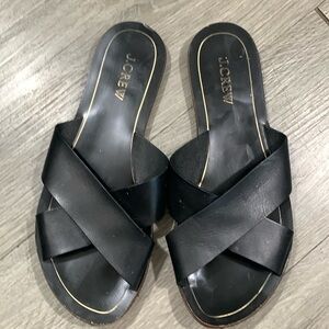 J. Crew Cyprus Black Leather Criss Cross Slip-On Flat Sandals size 8‎